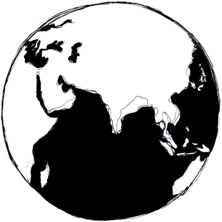 A black and white hand-drawn image of the earth